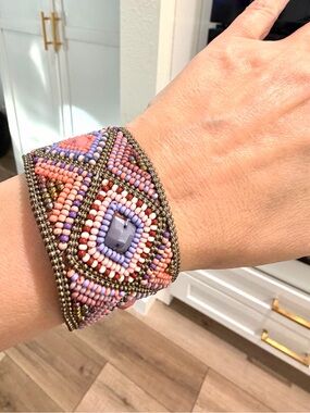 Vintage Boho Leather Beaded  Tribal Cuff Bracelet • Geometric Tribal Statement 7